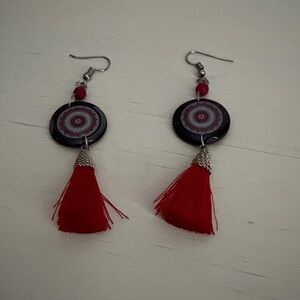 NWOT Hand-Crafted Red Tassel Disc Drop Earrings